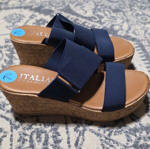 NWOT Italian Shoesmakers Women’s Wedge Sandals size 7.5 Elastic Straps Navy Blue